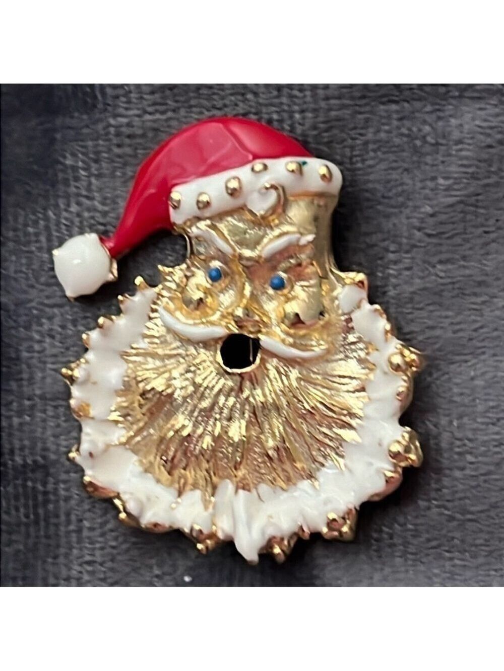 Vintage 1960s Santa Claus Face Brooch Gold Blue Eyes Enamel